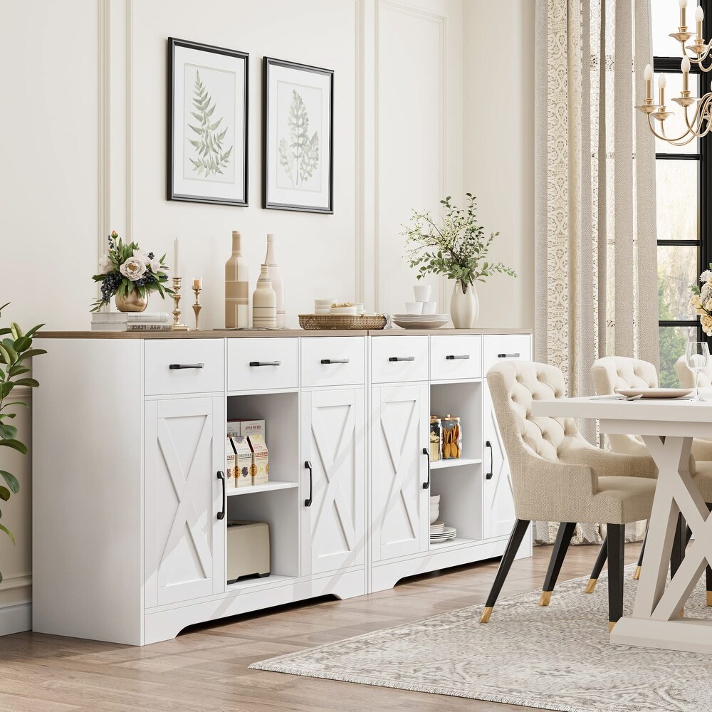 Modern Farmhouse Buffet Storage Cabinet  Barn Doors Wood Sideboard with Drawers and Shelves For Coffee Bar  Kitchen  Dining Room