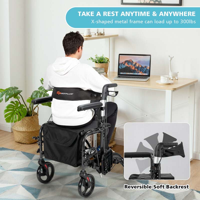 2 in 1 Rollator Walker Wheelchair Folding Medical Walker Rolling Transport Chair Mobility Walking Aid