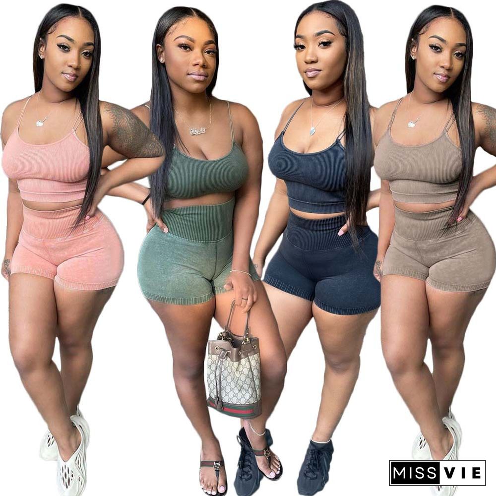 Women Summer 2 Piece Set Ribbed CamisoleAnd High Waist Shorts Solid Color Sexy Party Club Streetwear Casual Outfit