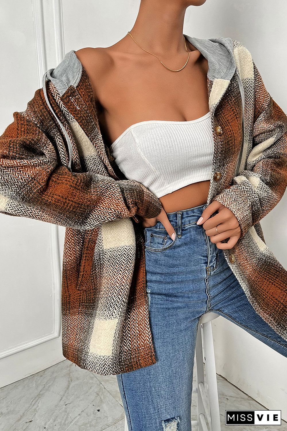 Brown Plaid Button Down Open Hoodies Jackets