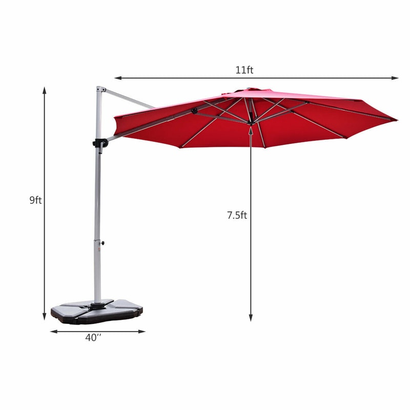 11 FT Patio Offset Cantilever Umbrella 360° Rotation Tilt with Cross Base & Crank Handle