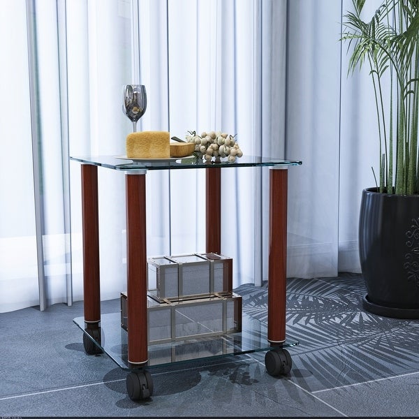 Transparent Walnut Side Table 2-Tier Space End Table with Storage Shelve