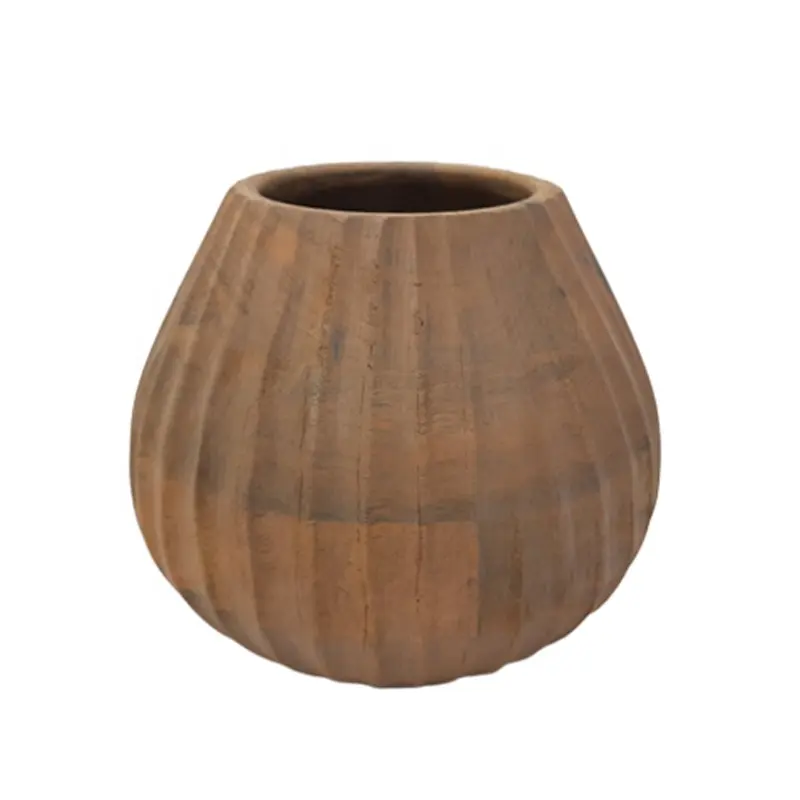 Hot Selling Desktop Iron Round Planter Black Wood Texture Modern Style Flower Pot And Vase For Home And Garden Decor