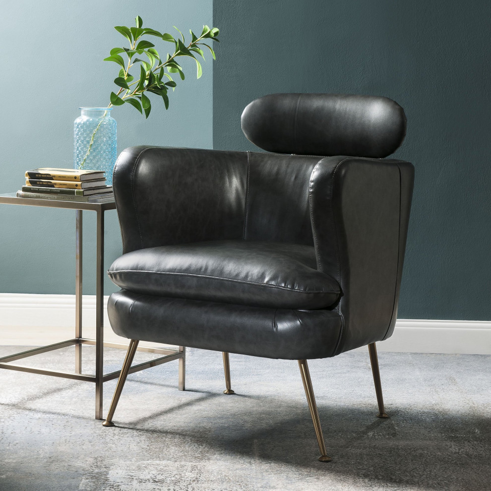 Unique Accent Chair  Gold Legs  Curved PU Leather Seat With Headrest  Dark Gray   Midcentury   Armchairs And Accent Chairs   by Declusia  Houzz