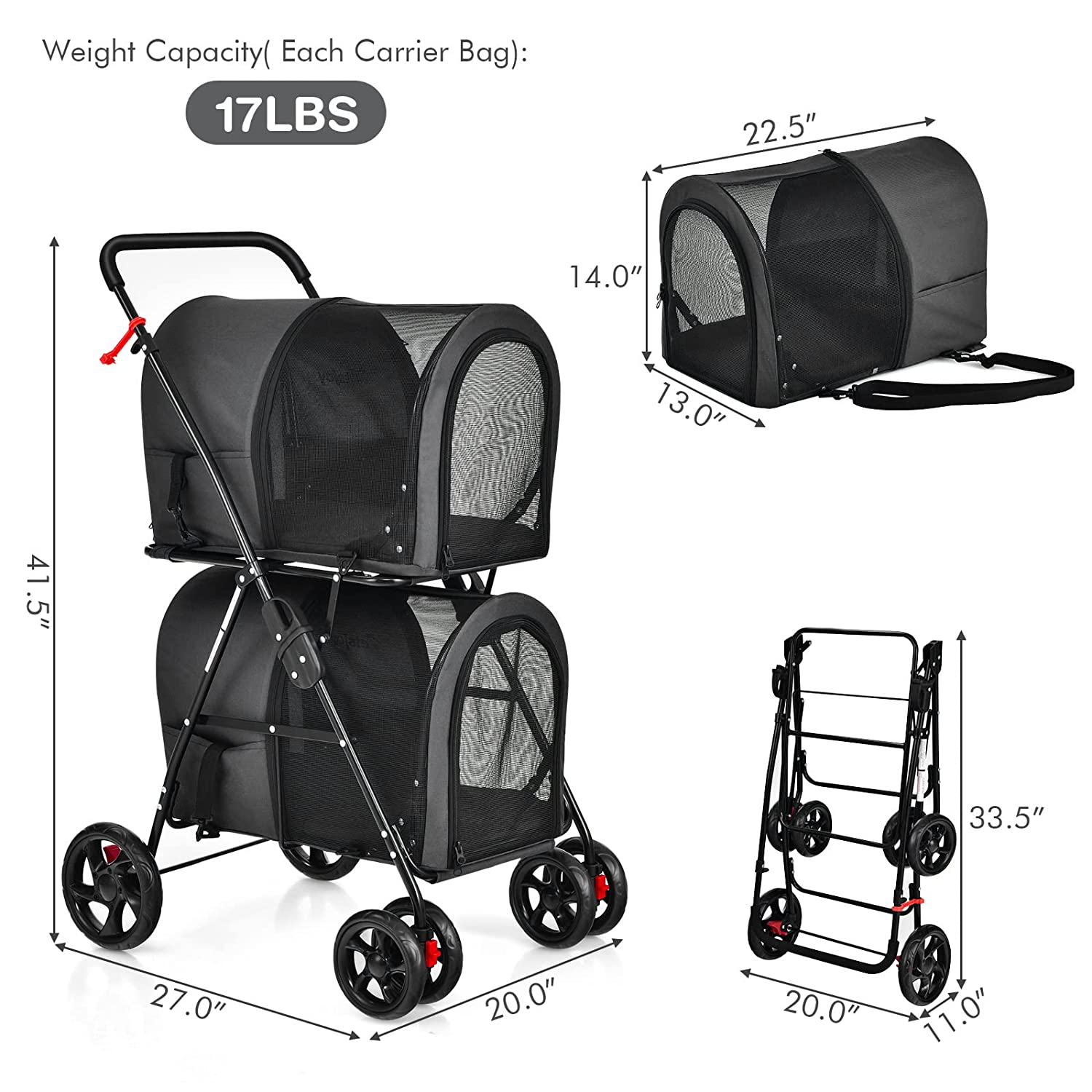 Double Pet Stroller with 2 Detachable Carrier Bags， Safety Belt， 4 Lockable Wheels Cat Stroller Travel Carrier Strolling Cart， Folding Dog Stroller for Small Medium Dogs Cats Puppy (Black)