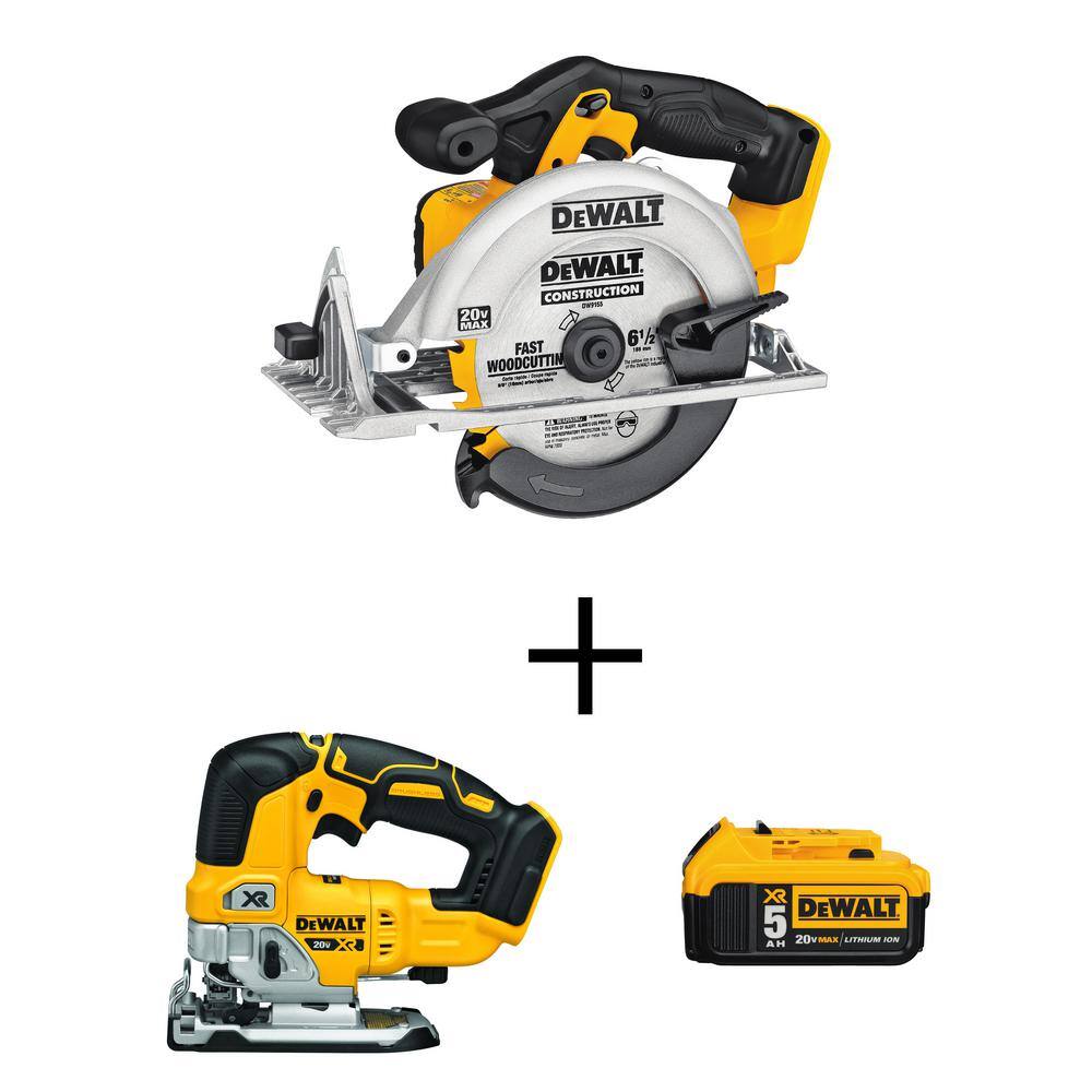 DW 20V MAX Cordless 6-12 in. Circular Saw 20V Brushless Jigsaw and (1) 20V MAX XR Premium Lithium-Ion 5.0Ah Battery DCS391BW334205