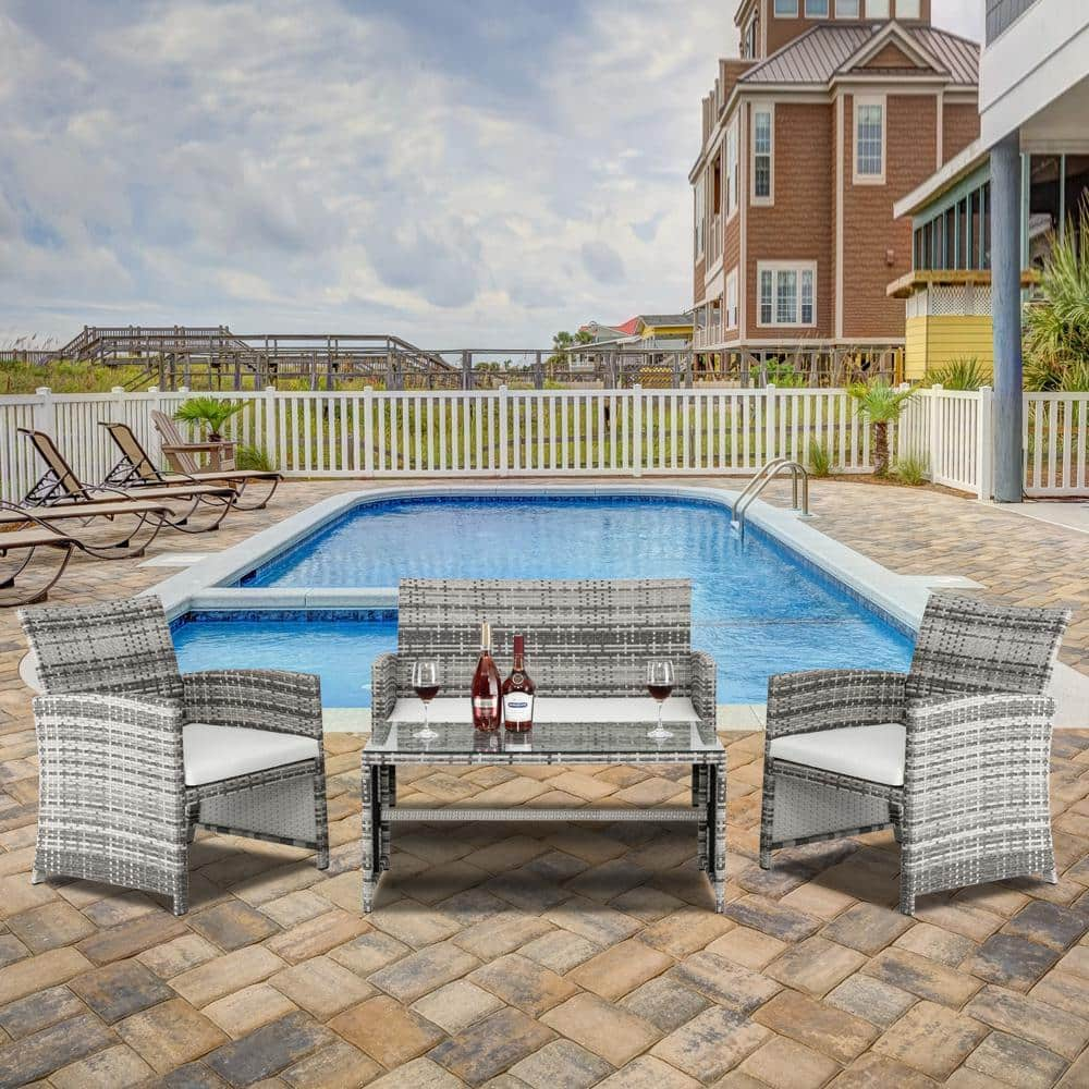 Winado Coastal Grey 4-Piece Wicker Patio Conversation Set with White Cushions 998292624038