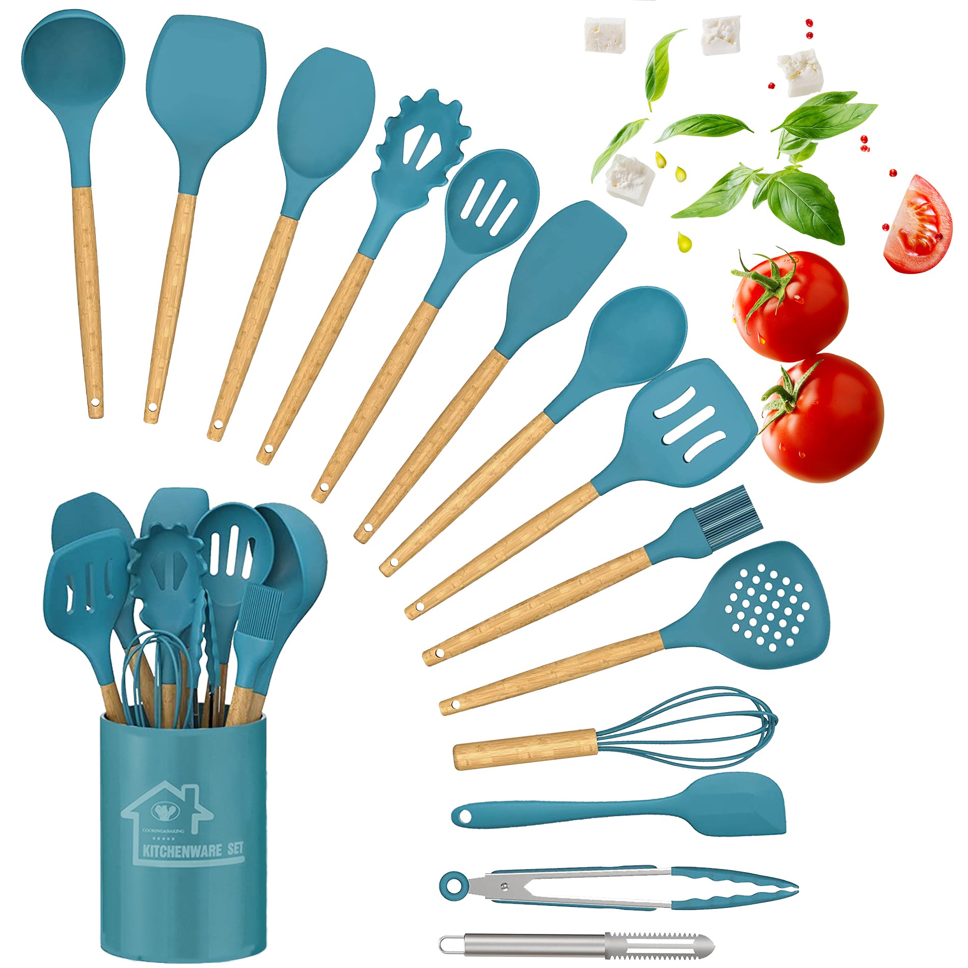 DLD silicone cooking set, 15pcs silicone cooking set, non-stick heat-resistant and durable wooden handle, the best kitchen utensils (Blue)