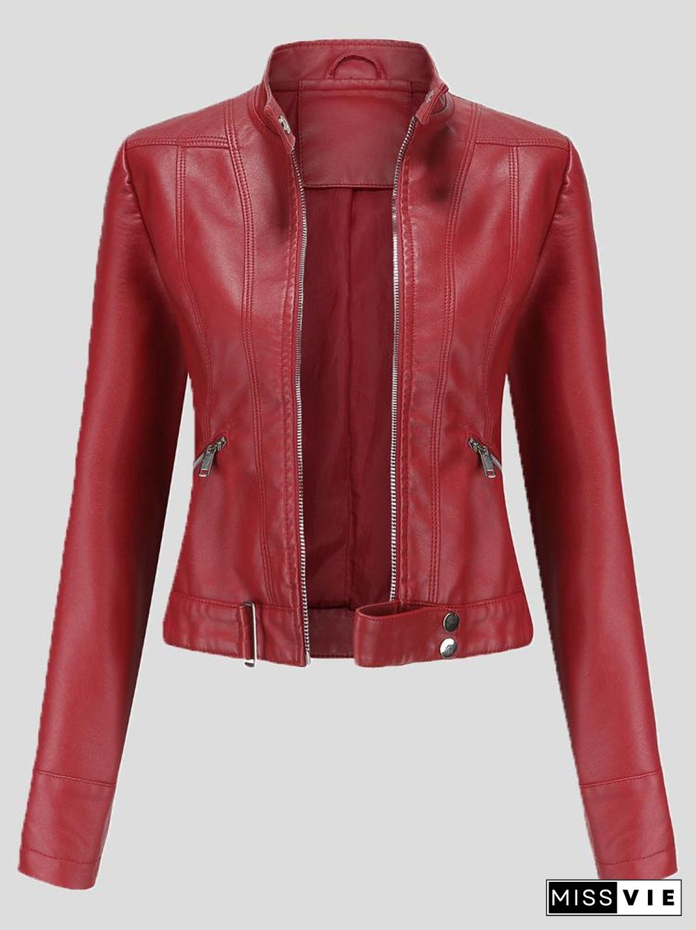 Women's Jackets Short Stand-Up Collar Zipped Leather Jacket