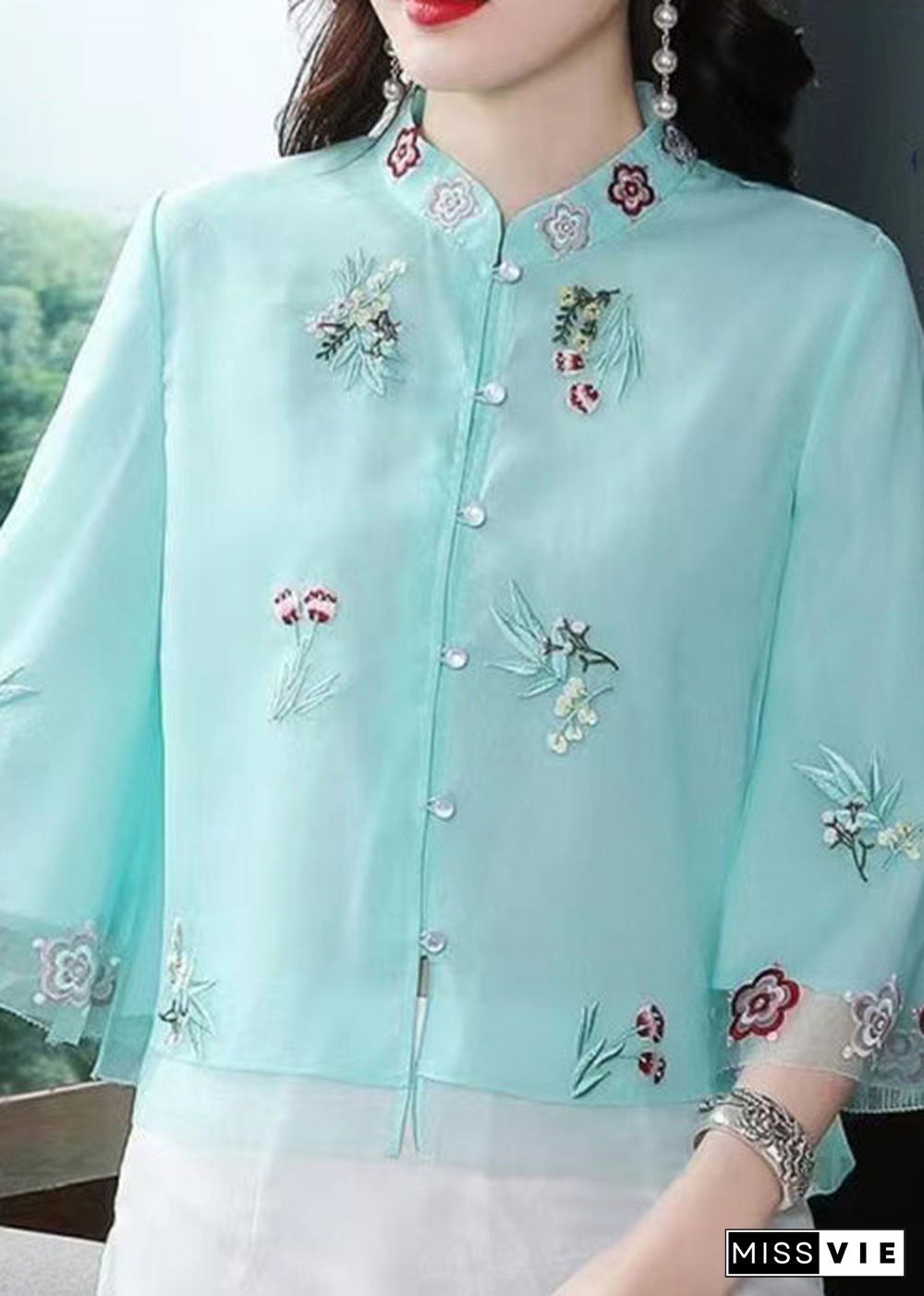 Blue Button Patchwork Shirt Top Embroideried Half Sleeve