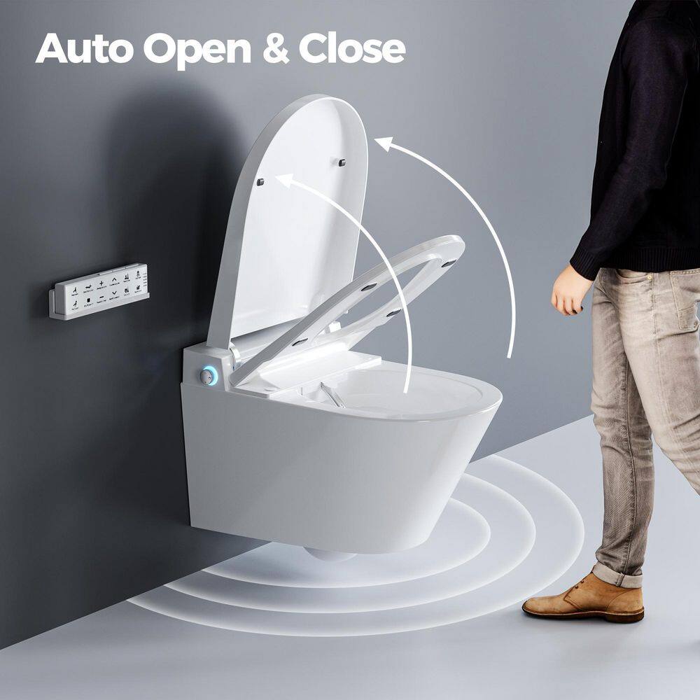 HOROW Wall Hung Elongated Smart Toilet Bidet in White with Auto Open Auto Close Heated Seat and Remote No Tank No Bracket G10