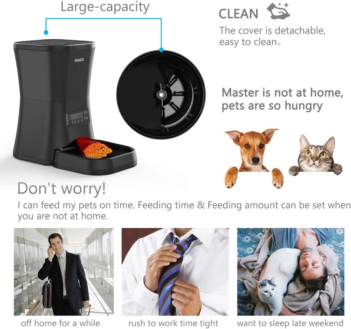 Iseebiz Pet Feeder Food Dispenser for Cats and Dogs Features Voice Recording， Timer Programmable， Portion Control， IR Detect， 4 Meals per Day for Small and Medium Pet