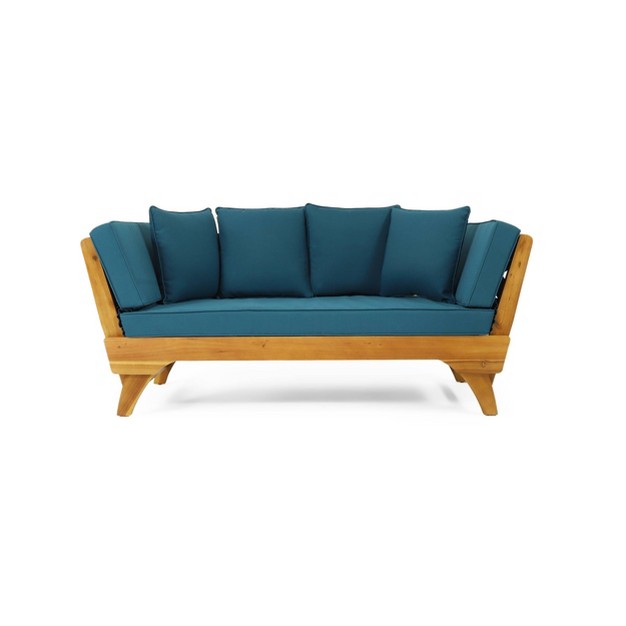 Serene Outdoor Acacia Wood Expandable Daybed With Cushions Teak dark Teal Christopher Knight Home