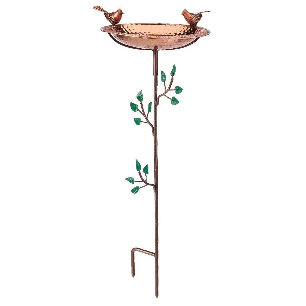 Good Directions Pure Copper Birdbath， Featuring Two Copper Birds and a Tree Themed Multi-Pronged Garden Pole BBG-2