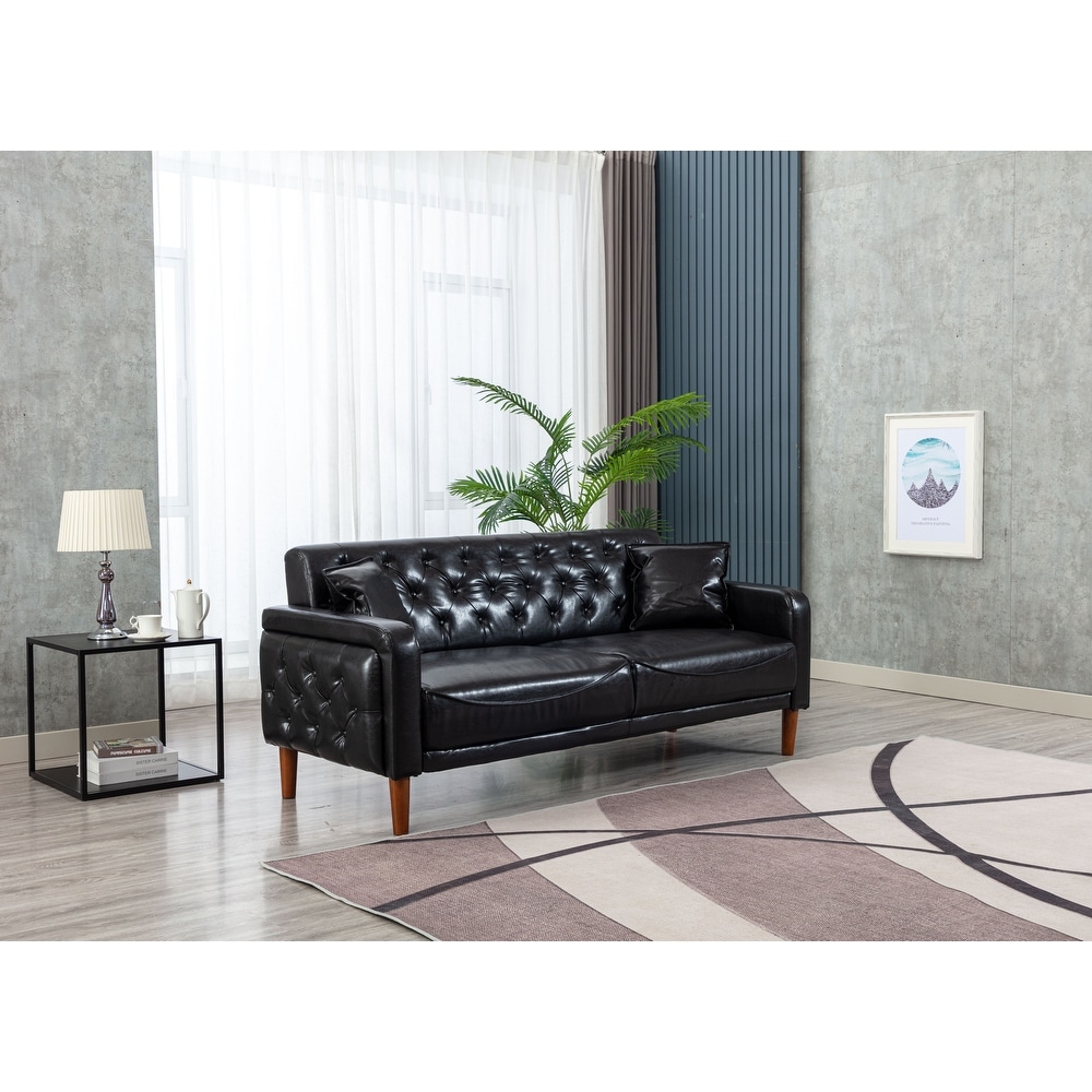 3 Seater PU Leather Sofa  Modern Sleeper Couch with Tufted Button  2 Pillows and 4 Tapered Legs  for Living Room  Apartment