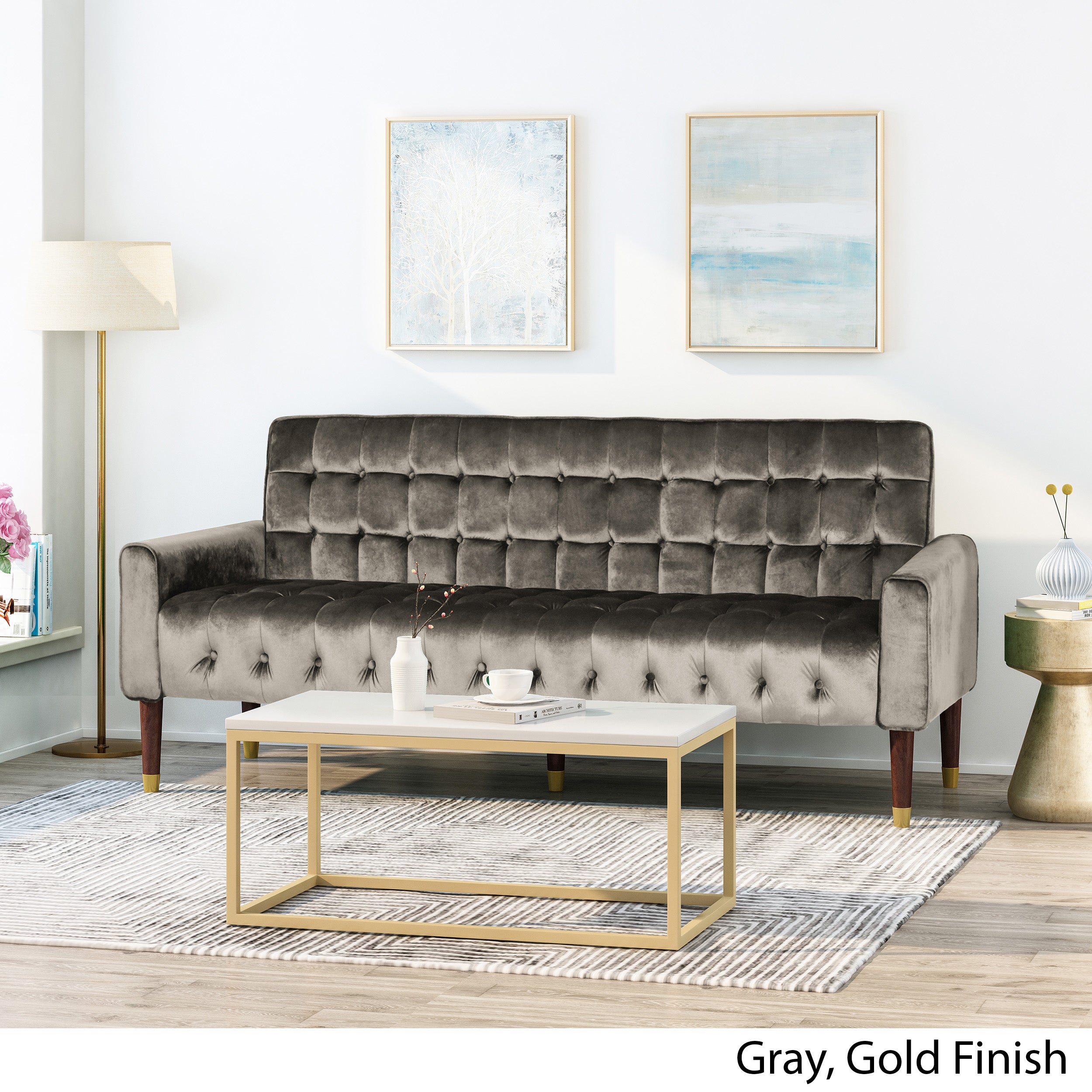 Adan Tufted Velvet Sofa with Gold Tipped Tapered Legs