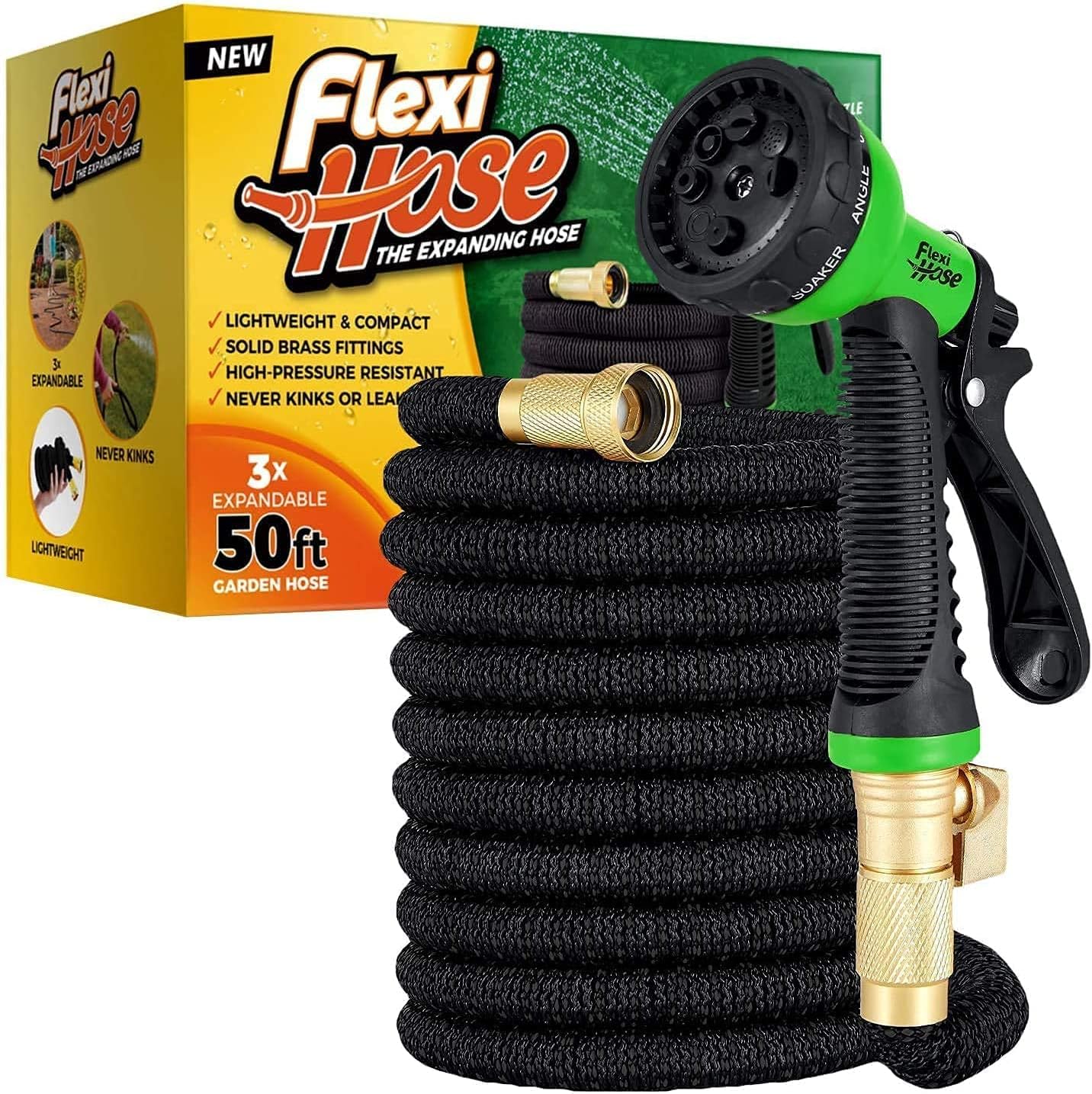 Flexi Hose with 8 Function Nozzle Expandable Garden Hose, Lightweight & No-Kink Flexible Garden Hose, 3/4 inch Solid Brass Fittings and Double Latex Core, 50 ft Blue Black