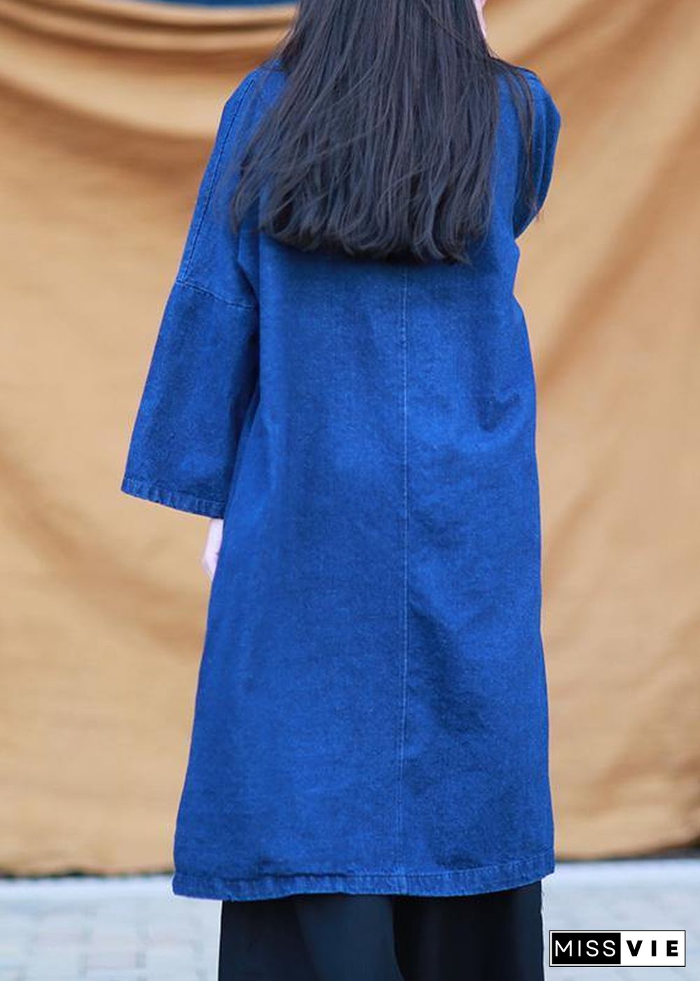 DIY denim dark blue quilting dresses stand collar baggy Dresses