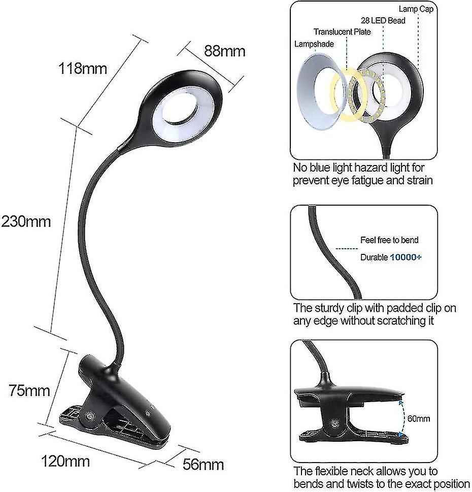 Led Reading Light， 9 Different Settings Eye Protect Book Clip Light， Usb Rechargeable Reading Light