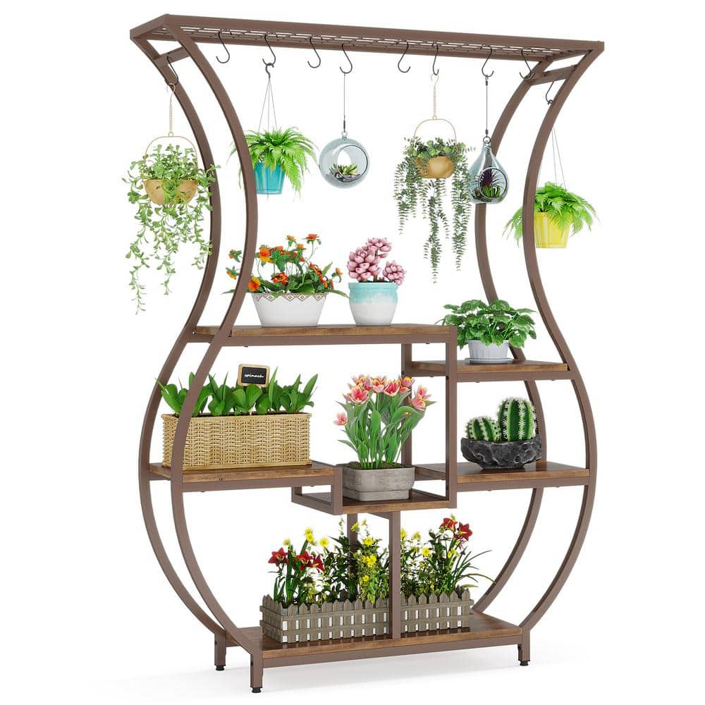 TRIBESIGNS WAY TO ORIGIN Eileen 71 in. Tall Brown Wooden Indoor Plant Stand 6-Tier Bonsai Flower Rack with 10 Hanging Hooks HD-JW0710-HYF