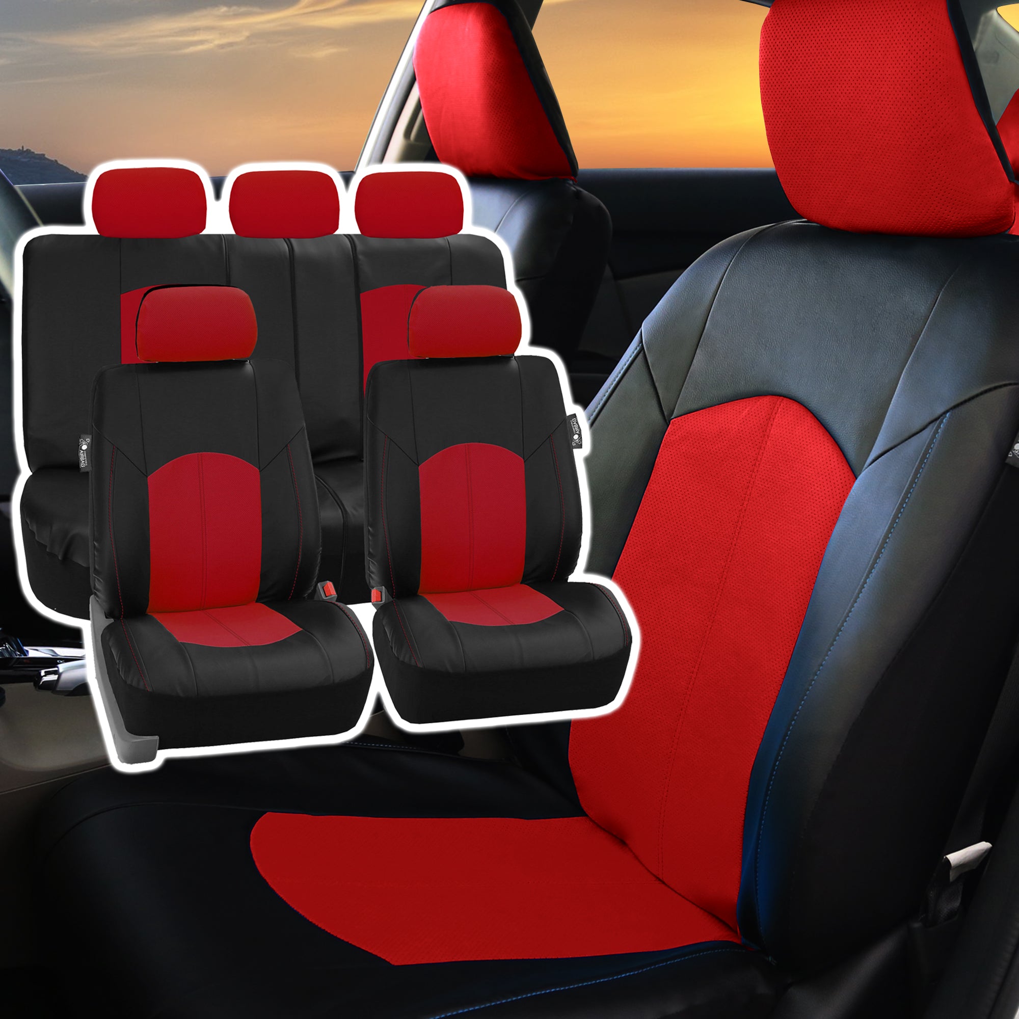 FH Group， Red Black Deluxe Leather Seat Covers Full Set w/ Free Air Freshener， Airbag Compatible / Split Bench Covers