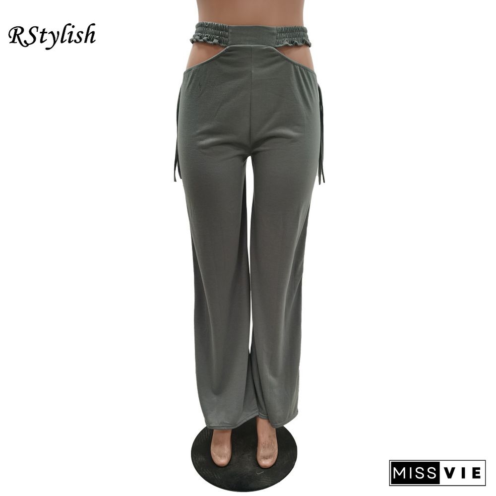 Solid Color Elastic Waist Hollow Out Bandage Wide Leg Pants