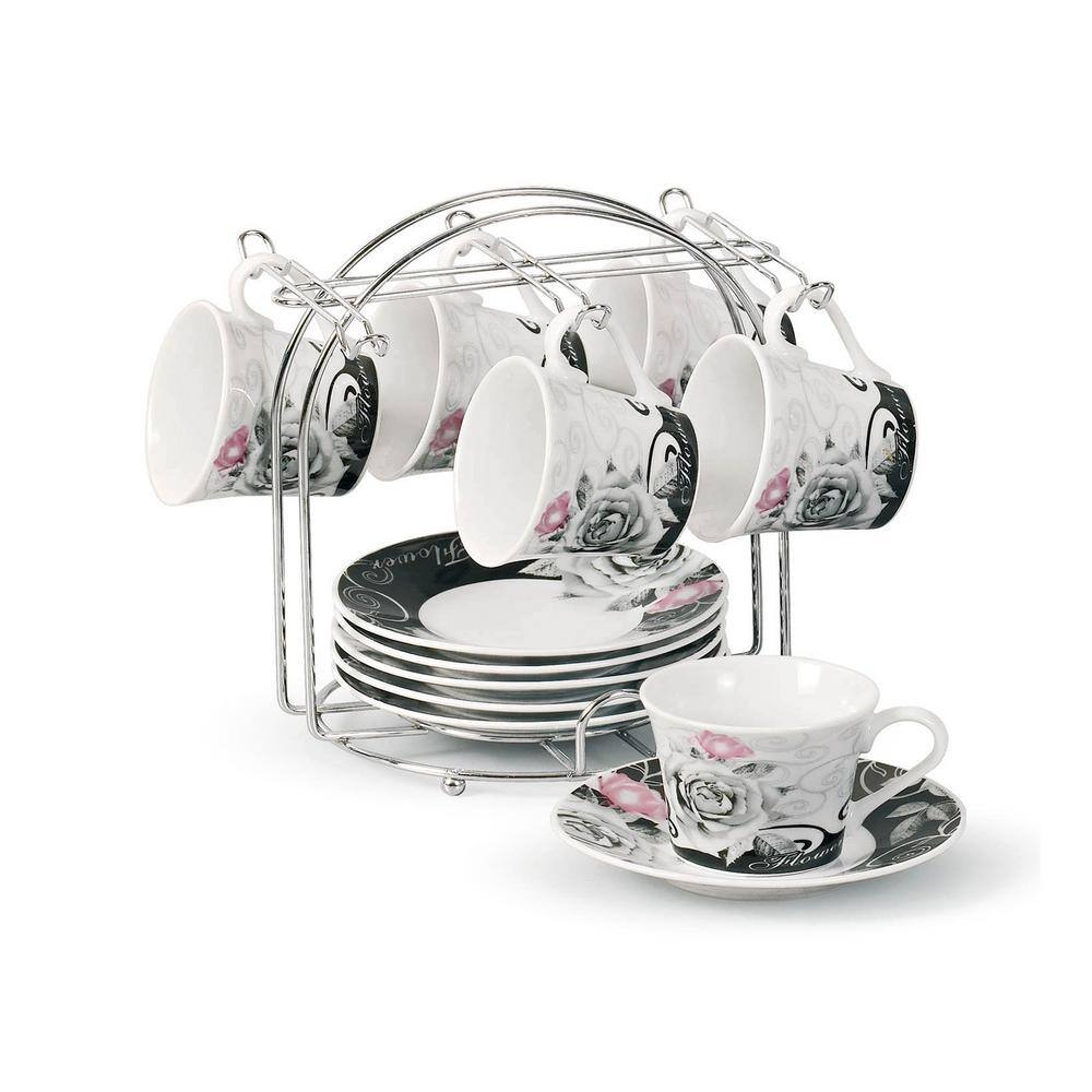 Lorren Home Trends Espresso Cups 2 oz. On Metal Stand-Red and Ivory Flower (Set of 6) 80-1234