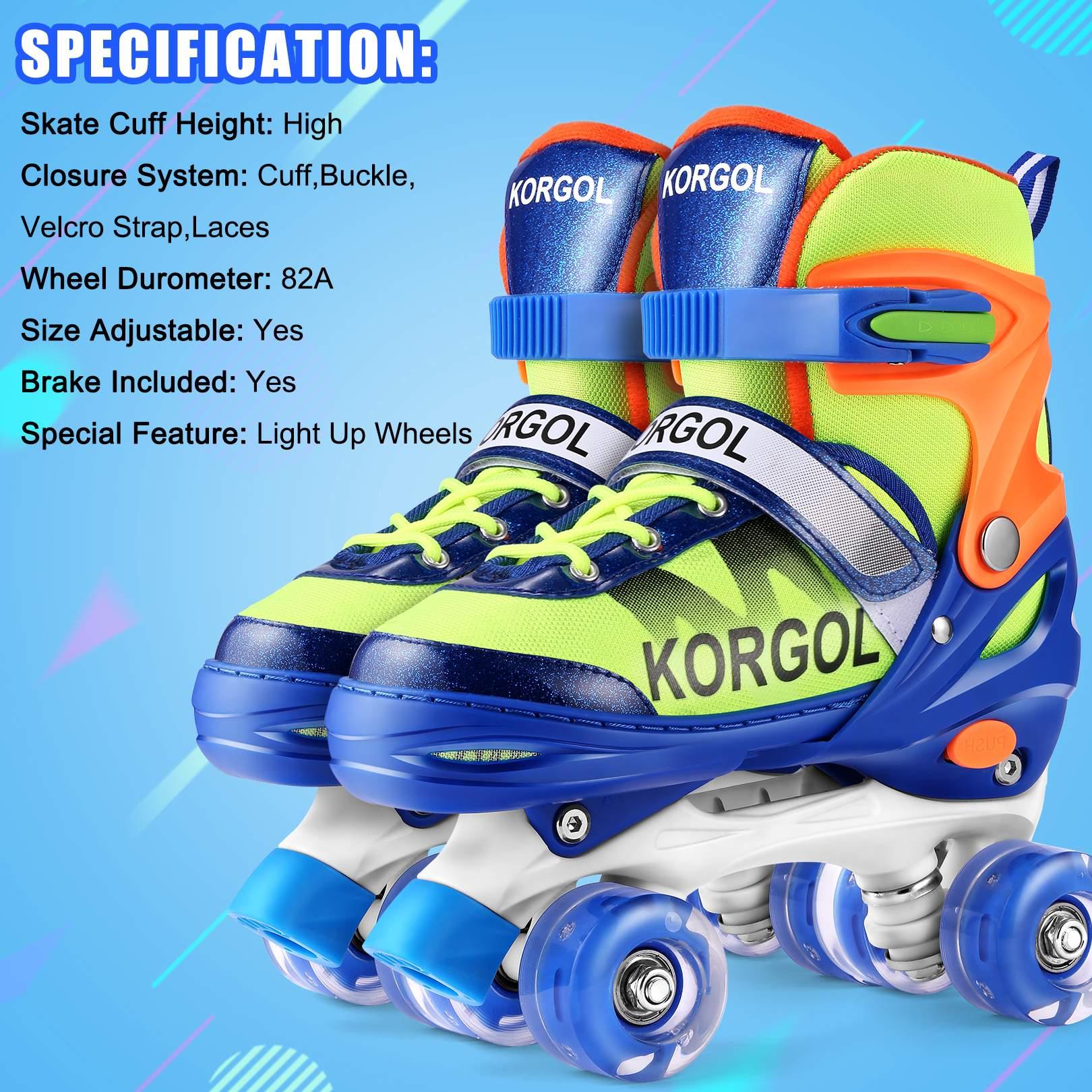 KORGOL Blue Adjustable Roller Skates with Illuminating Wheels， for Kids Boys Girls