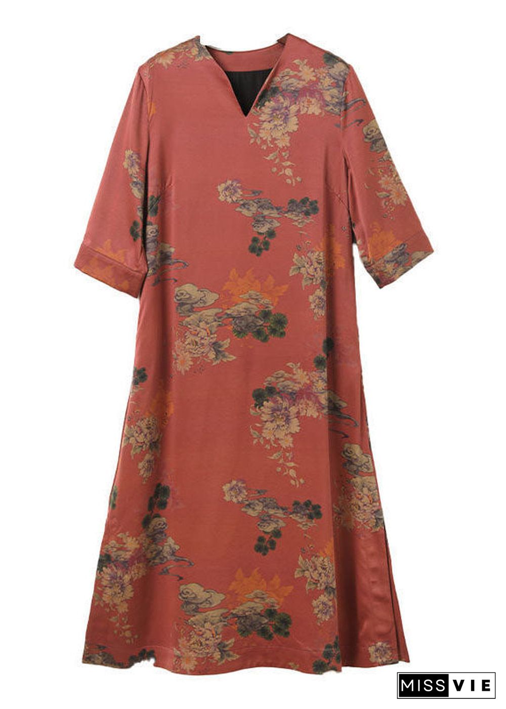 Casual Red V Neck Print Side Open Silk Long Dress Half Sleeve