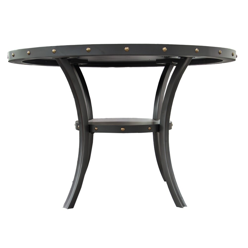 Wooden Round Dining Table with Nailheads and Storage Shelve