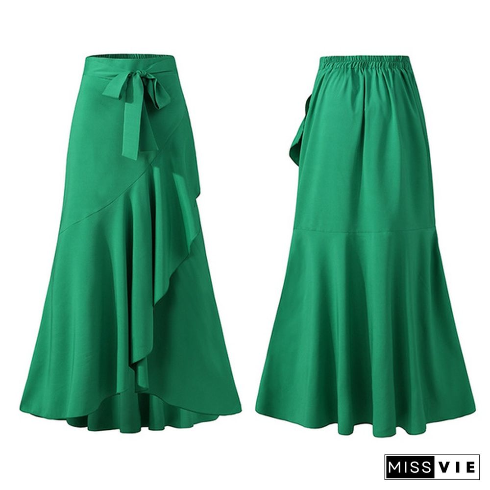 Women Ruffles Hem Mermaid Skirt Maxi Saia Elastic High Waist Asymmetrical Party Elegant Casual Long Skirt Plus Size