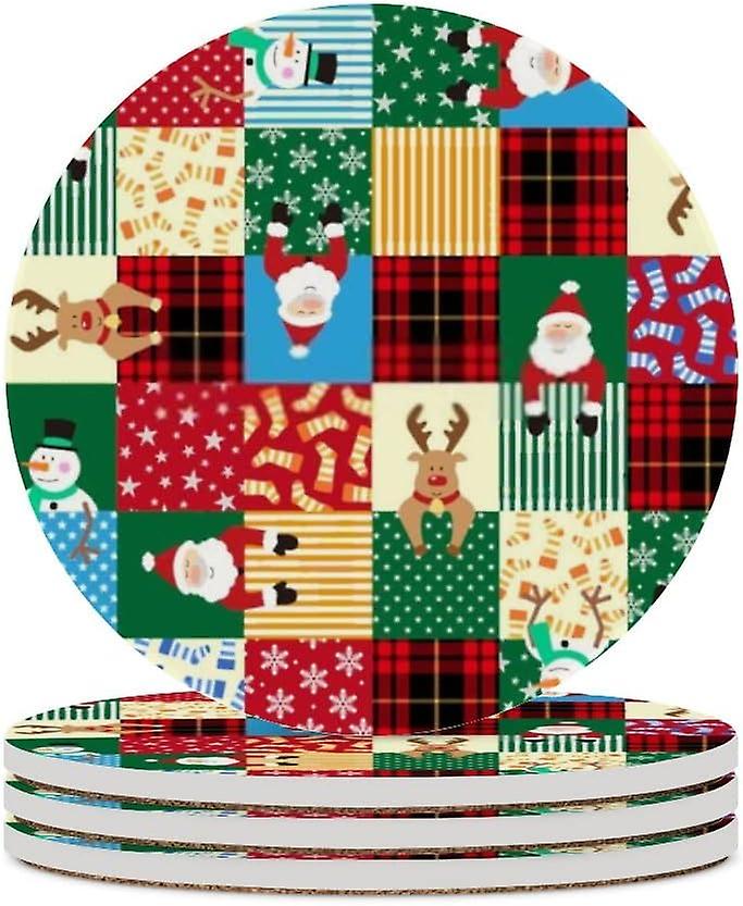 1pc Round Christmas Colorful Checker Ceramic Coasters With Cork-backed For Coffee Drink Cup Mat Absorbent Stone Coasters