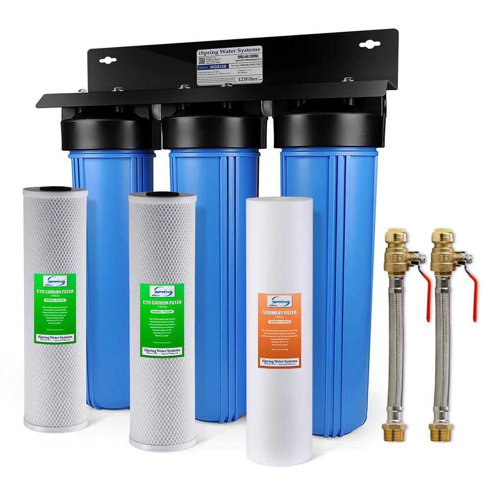 ISPRING 3-Stage Whole House Water Filtration System w 34 in. Push-Fit Stainless Steel Hose Connectors and Ball Valve WGB32B+AHX2