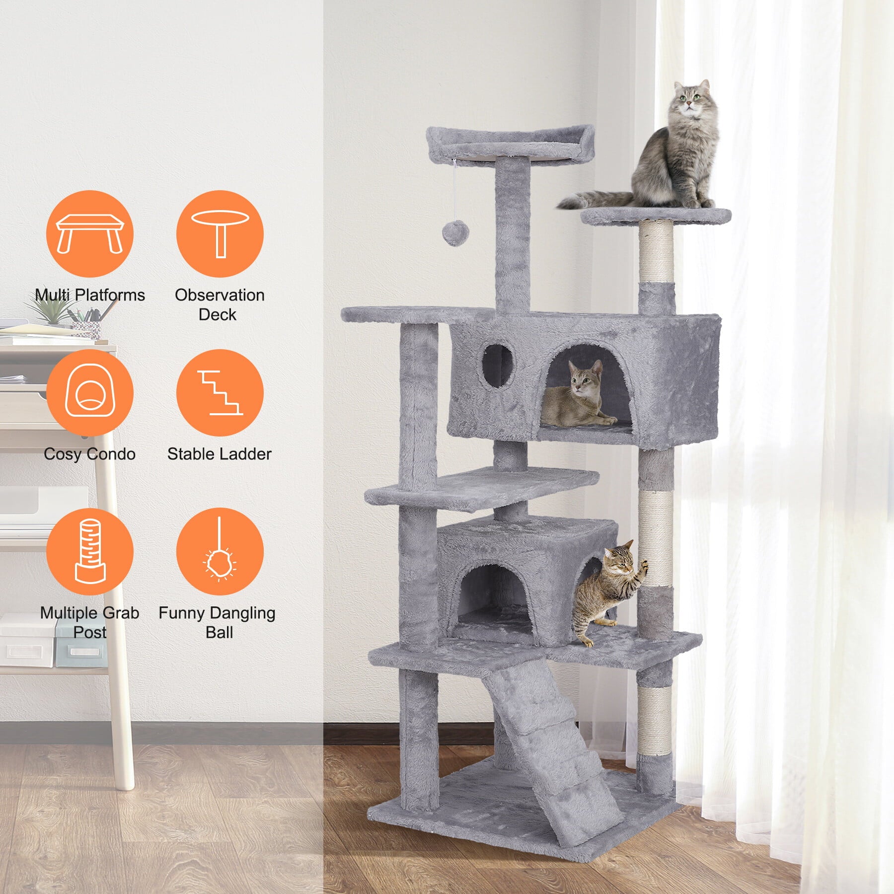 ZENSTYLE 55-in H Cat Tree and Condo Scratching Post Tower， Light Gray