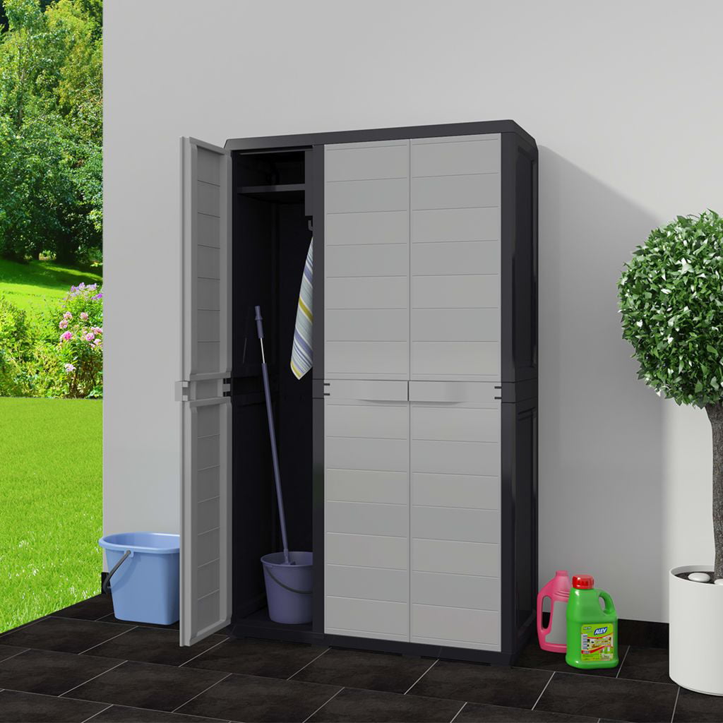 Garden Storage Cabinet Weather Resistant Outdoor Storage Shed with 4 Shelves Black and Gray