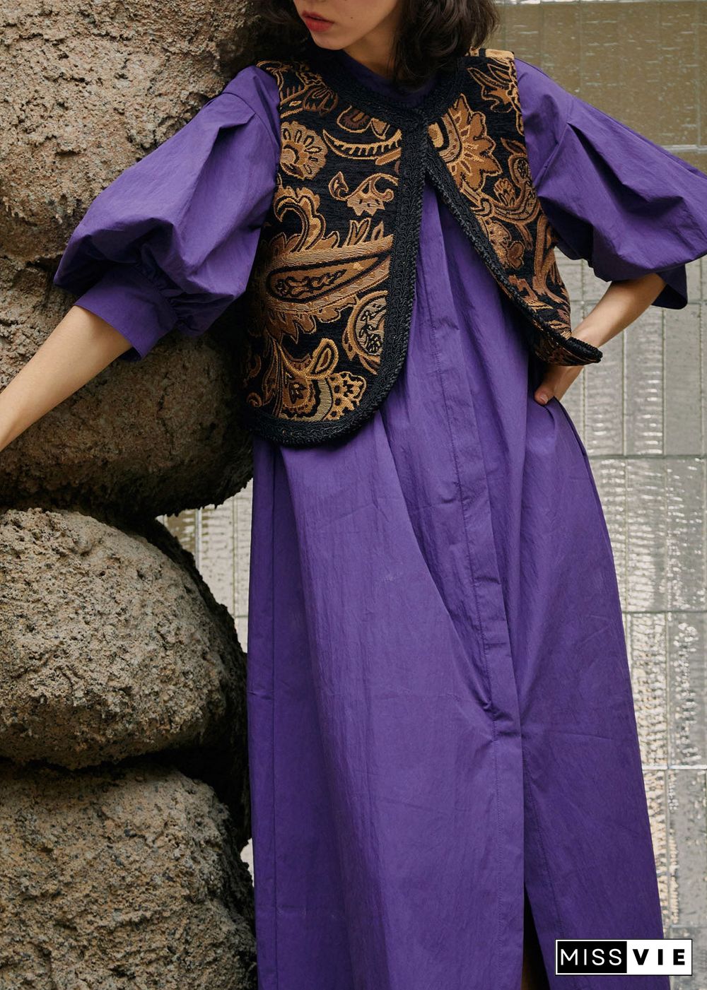 Loose Purple Stand Collar Wrinkled Maxi Dress Lantern Sleeve