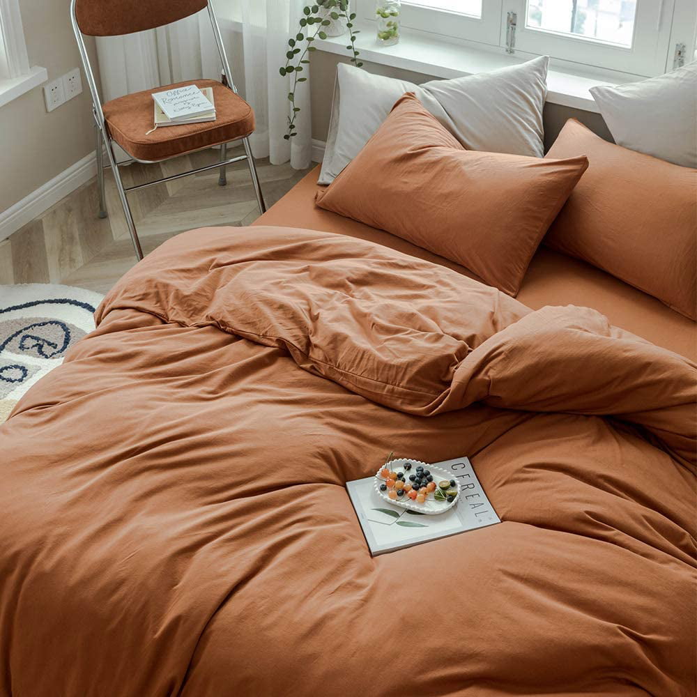 MKXI Caramel Pumpkin Duvet Cover Twin Size，Solid Brown Bedding Set，Soft Jersey Cotton Simple Bedroom Collection，Solid Color Adults Bedding