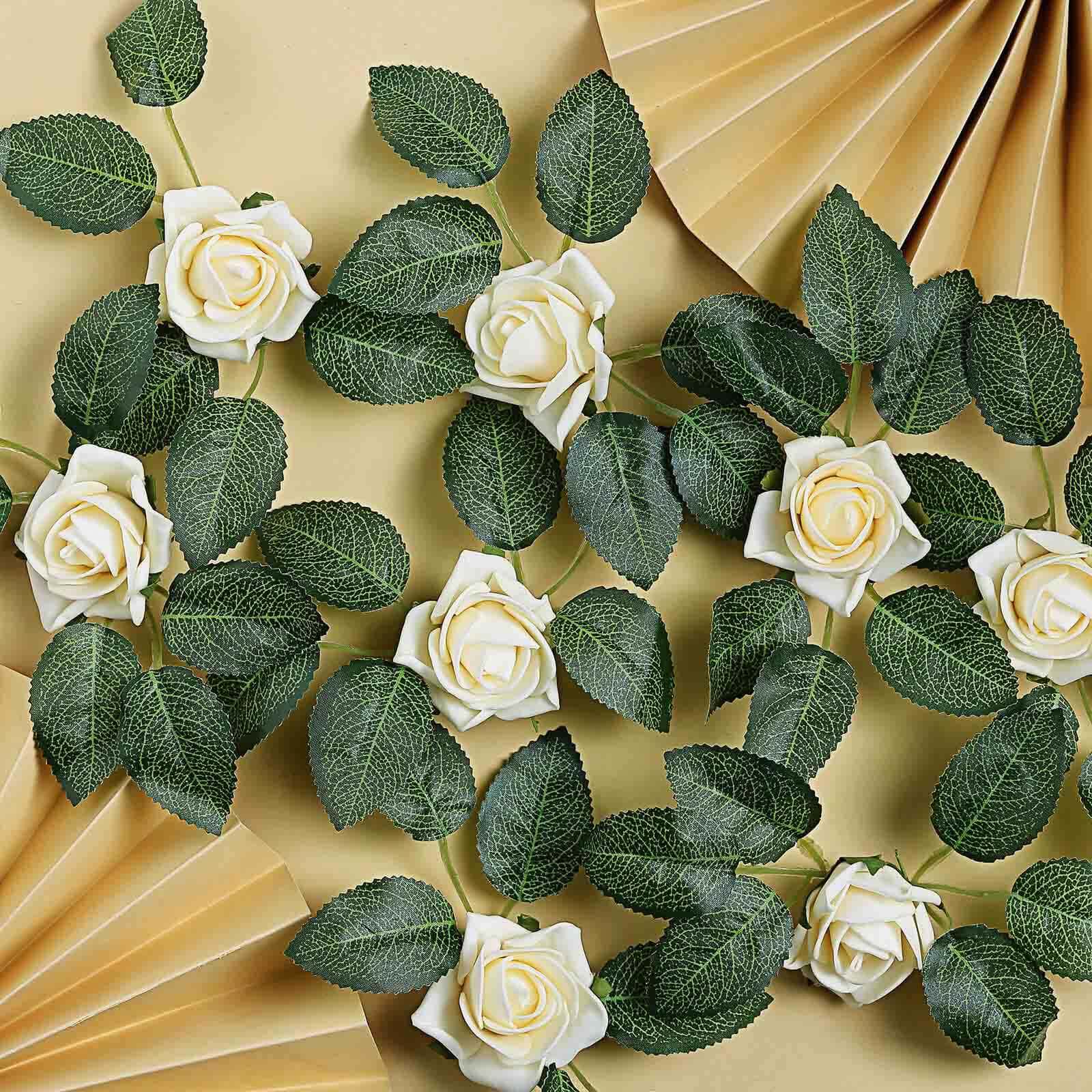 24 Roses Cream Artificial Foam Flowers With Stem Wire and Leaves 2