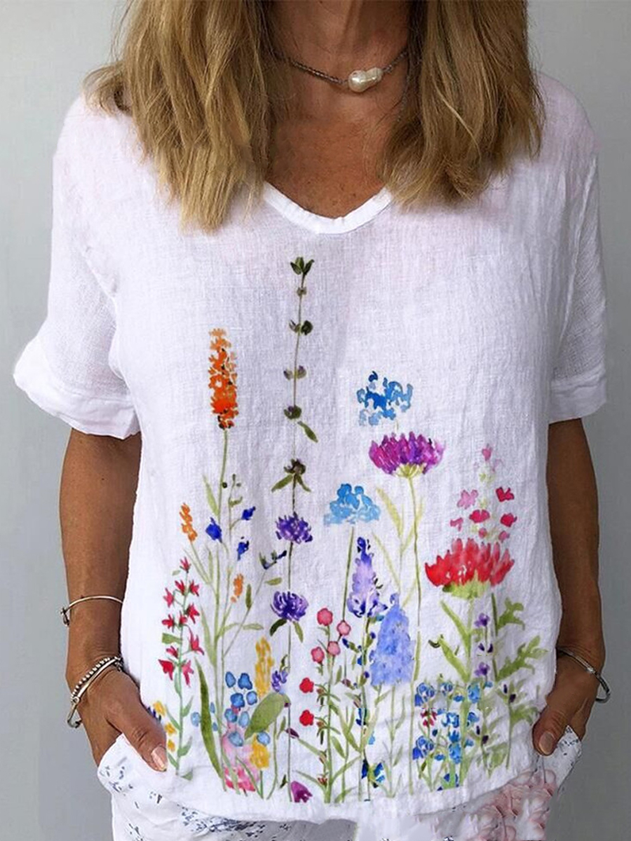 Casual Fashion Floral Print Crew Neck Short Sleeve Blouse