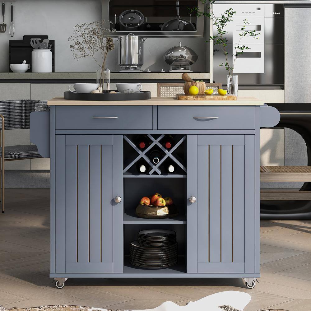 Blue Kitchen Island Cart with Two Storage Cabinets Four Locking Wheels Wine Rack Two Drawers Spice Rack Towel Rack EC-KCGB-5162