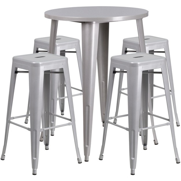 Round Metal Indoor outdoor Bar Table Set 4 Backless Stools