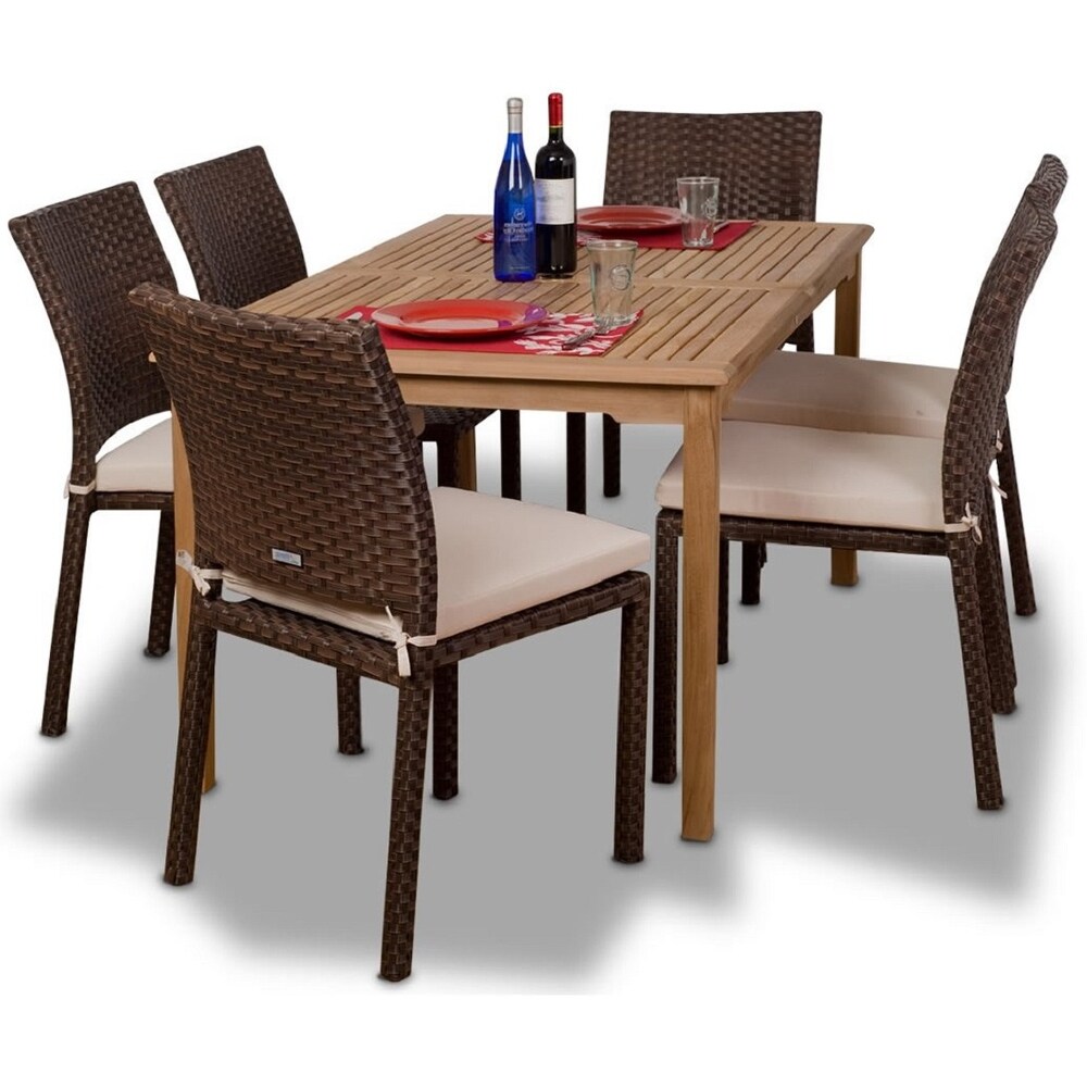 Luxemburg 7 Piece Outdoor Dining Set Teak Wicker Rectangular Patio Furniture With Off White Cushions