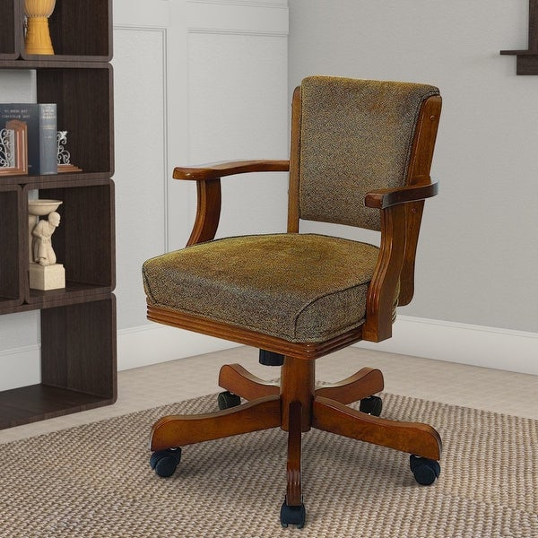 25 Inch Wood Arm Game Chair， Textured Fabric， Caster Wheels， Brown