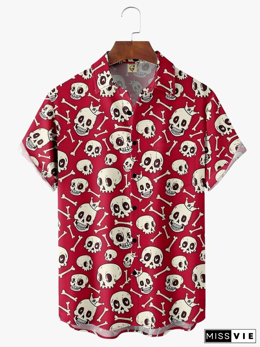 Hardaddy Music Punk Culture Skull Chest Pocket Red Regular Fit Short Sleeve Hawaiian Shirt For Men