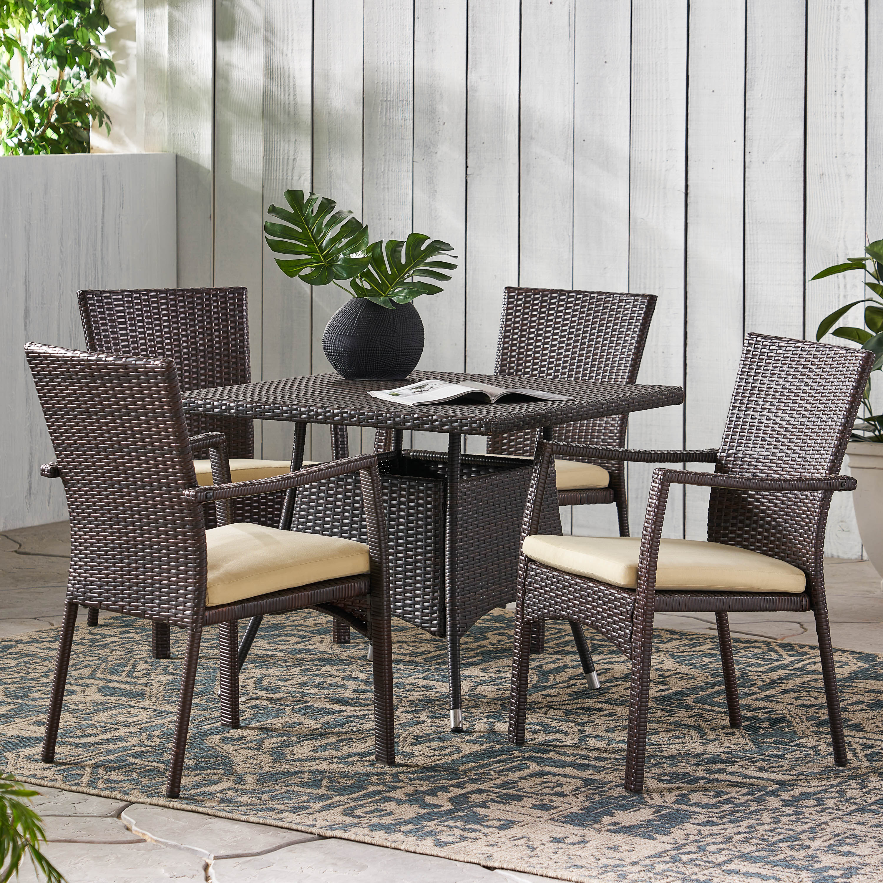 Norman Outdoor 5-piece Wicker Dining Set with Cushions