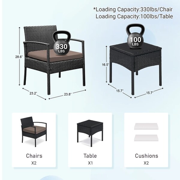 Outdoor Furniture 3 Piece Patio Bistro Furniture Set，Rattan Conversation Chairs Set with Side Table and Cushions