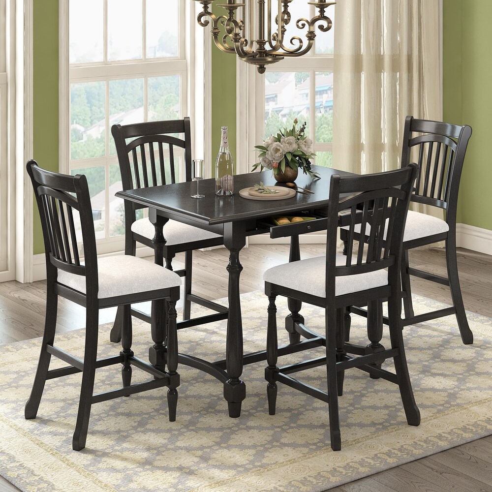 5 Piece Wood Dining Table Set with Storage Drawers and 4 Upholstered Chairs