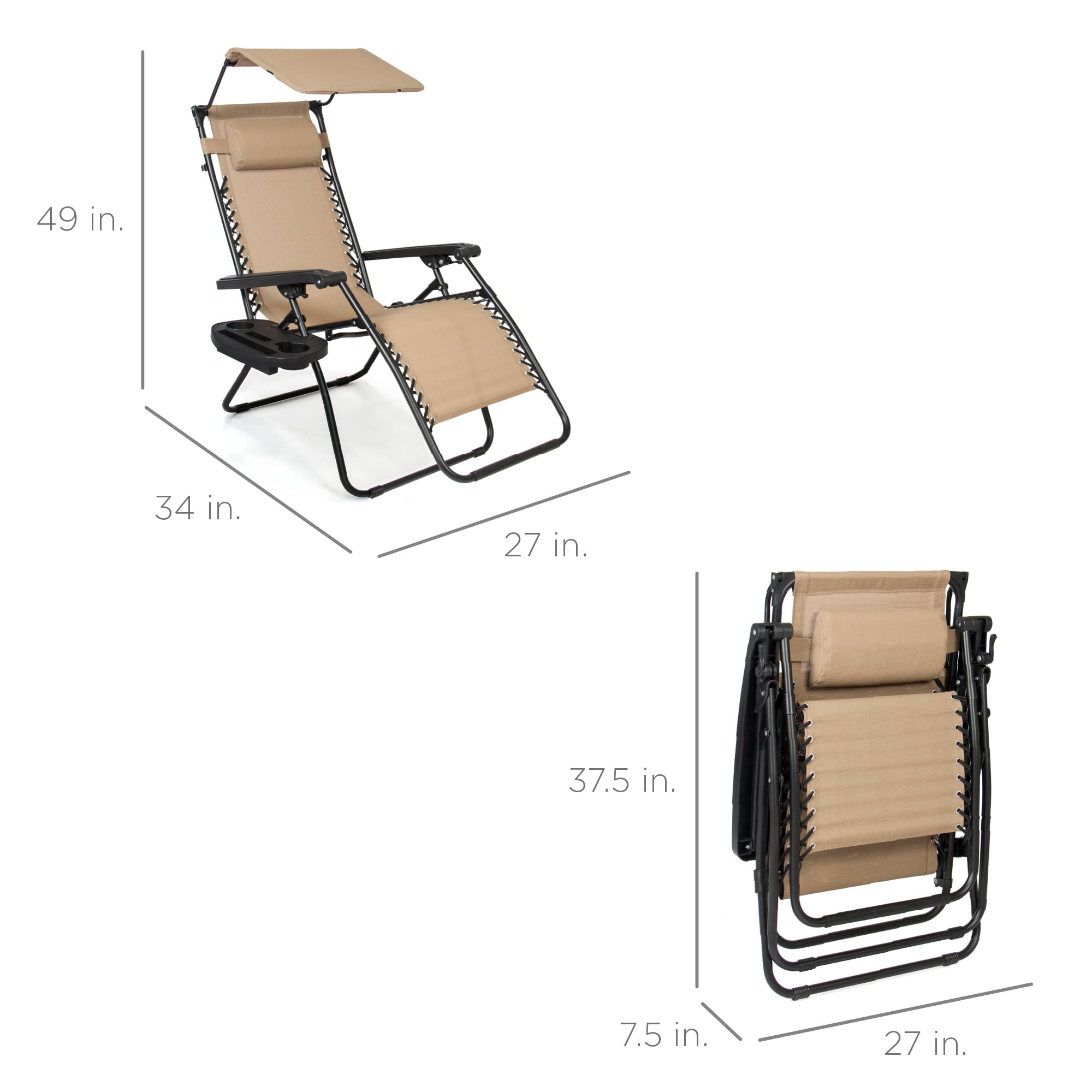 Best Choice Products Folding Zero Gravity Recliner Patio Lounge Chair w/ Canopy Shade, Headrest, Side Tray - Beige