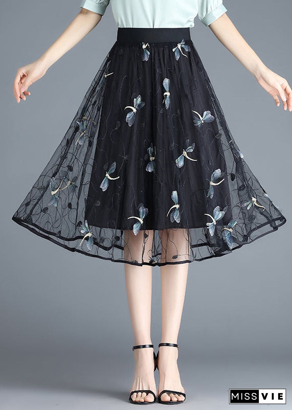 Boho Black Butterfly Embroideried Elastic Waist Tulle Skirt Summer