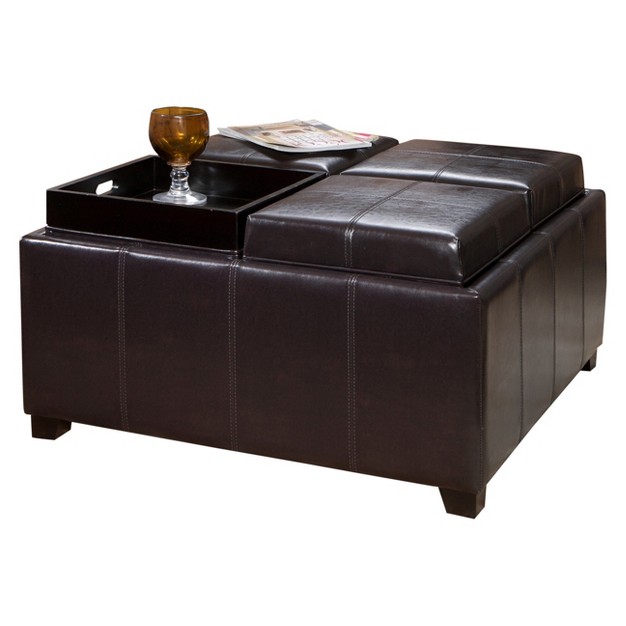 Dayton 4 Tray Top Bonded Leather Storage Ottoman Espresso Brown Christopher Knight Home